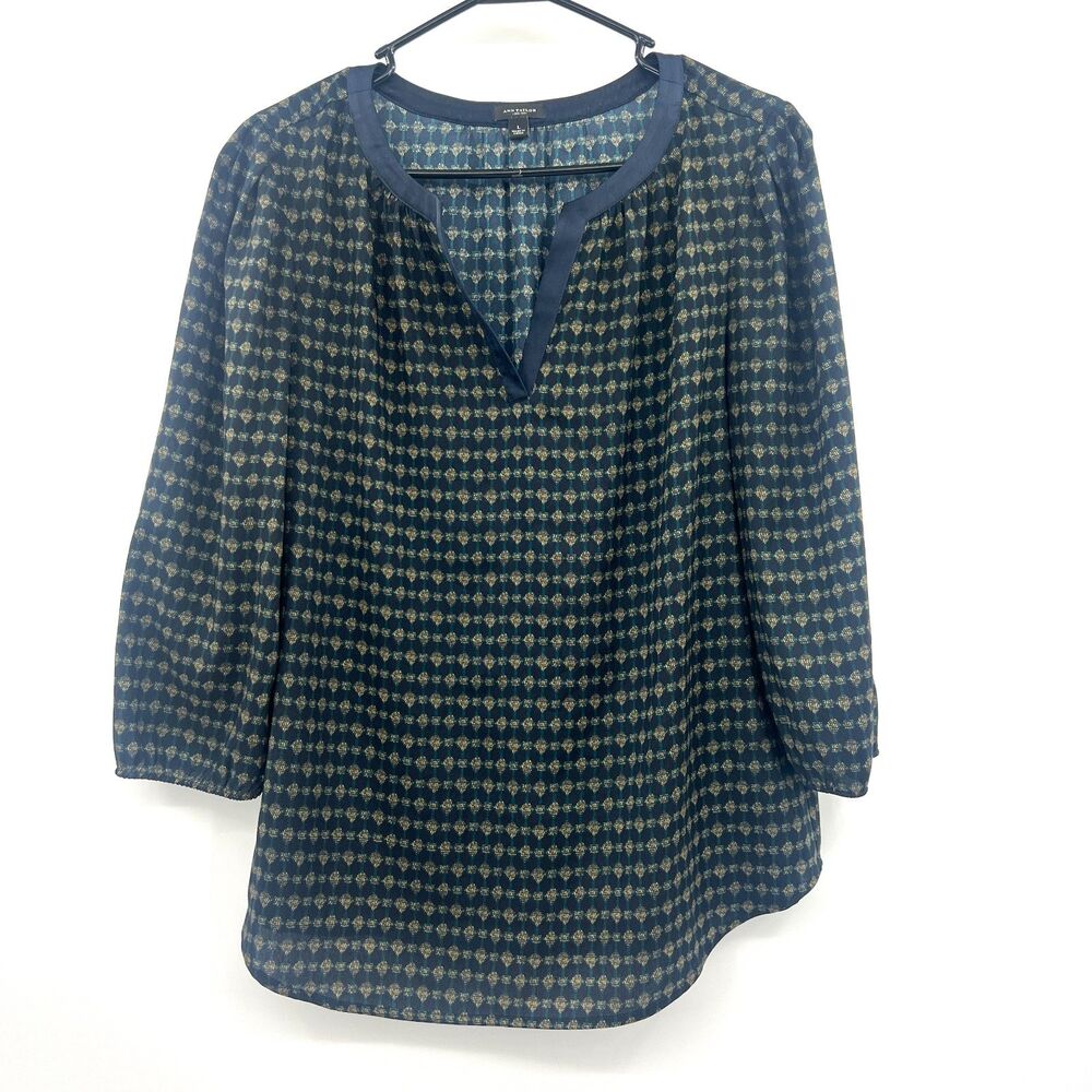 Ann Taylor Womens L Navy Geometric Print Split Neck 3/4 Sleeve Blouse Top